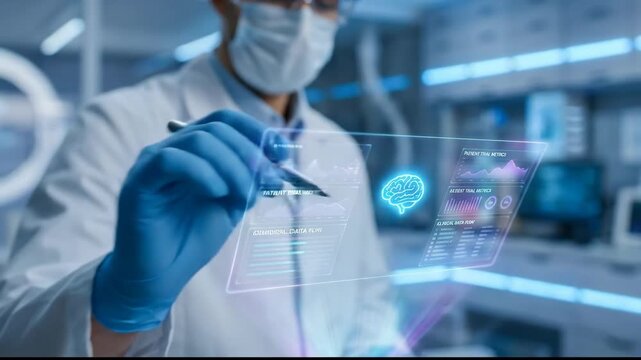 Scientist in a medical lab wearing a face mask and protective gloves, interacting with a futuristic transparent display showing ai-powered clinical trial data and brain research concepts