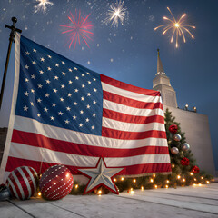 Patriotic Holiday Scene with US Flag, Festive Decor & Fireworks on transparent background