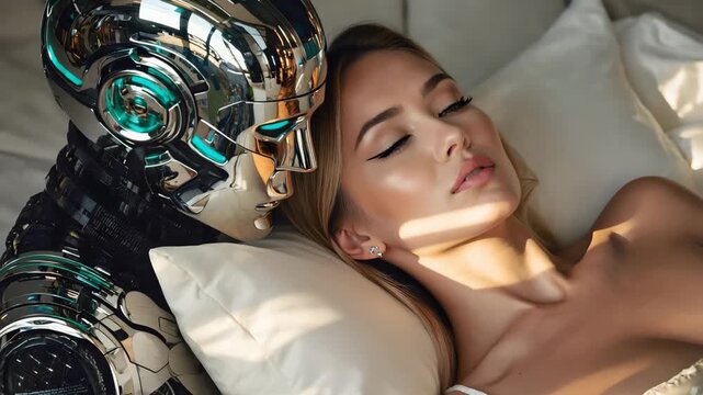 Futuristic robot and woman sharing a gentle moment on a bed with emotional expression