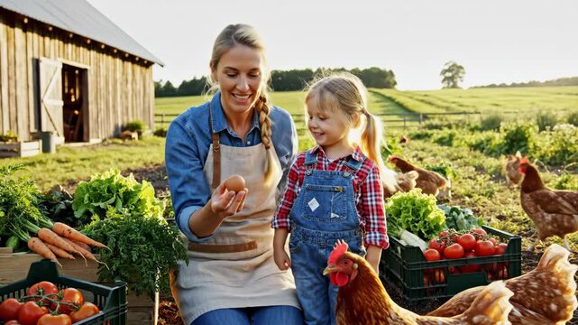 Mother teaching daughter about responsibly sourced produce and animal care, holding an egg with chickens and freshly picked vegetables in crates on a sustainable farm