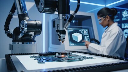 Robotic arm precisely placing components onto a green circuit board in an advanced laboratory, while an engineer in a lab coat and safety glasses monitors the process on a computer screen - Powered by Adobe
