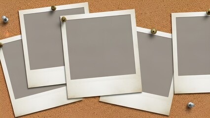 Five blank instant film photo frames pinned to a brown cork board background