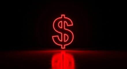 Vibrant red neon dollar sign reflecting on dark ground