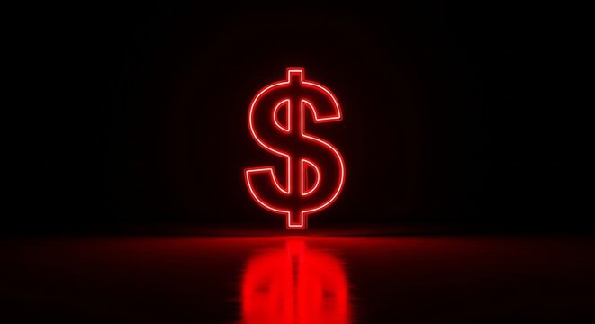 Vibrant red neon dollar sign reflecting on dark ground