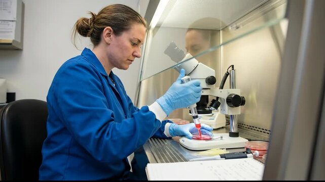 Female scientist in a blue lab coat and gloves pipetting red liquid from a test tube into a petri dish, performing an experiment under a microscope in a research lab