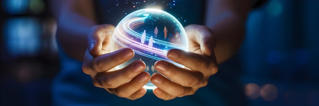 Hands cradling glowing holographic globe of humanity – Cinematic photo for unity, protection, and global care. - Powered by Adobe