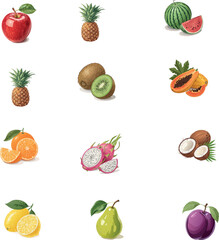 High-Quality Realistic Fruit Illustration Collection: Tropical, Citrus, and Berry Set