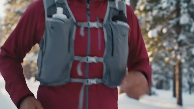 Female runner tightening hydration vest with bottles in snowy forest, preparing for a cold-weather trail run focused on fitness, endurance and outdoor training