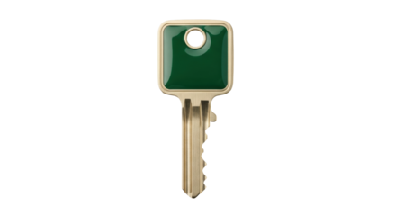 Isolated simple gold metal key with a square green top for home security protection lock