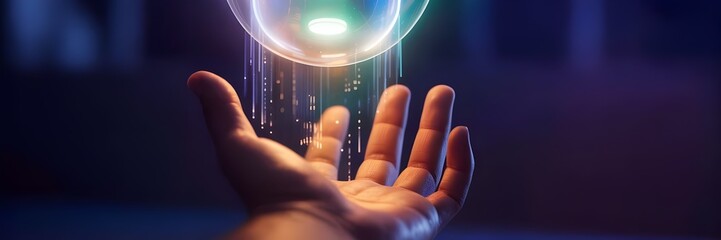Cinematic image of hand reaching for a luminous orb-like AI companion – Suitable for robotics, technological advancement, or abstract future scenes.