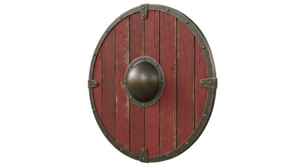 Isolated Viking shield with a worn wooden surface, metallic rim, and central boss, medieval