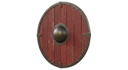 Isolated Viking shield with a worn wooden surface, metallic rim, and central boss, medieval