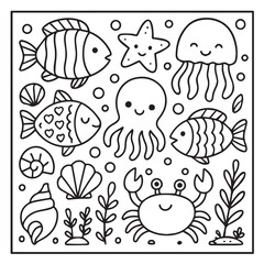 Cute Ocean Animals Coloring Page. A square black and white underwater scene with fish, octopus, jellyfish, crab, starfish, shells and sea plants in a kawaii style.