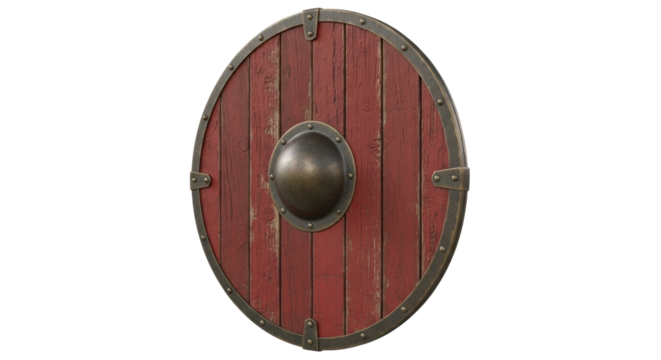 Isolated Viking shield with a worn wooden surface, metallic rim, and central boss, medieval