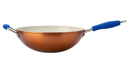 Isolated copper-colored wok with blue rubber handle for cooking delicious Asian cuisine recipes