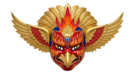 Isolated red eagle mask with golden wings, mythological bird head, decorative headdress