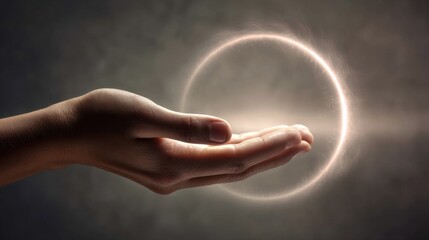 Cupped hands hold a glowing luminous circle with ethereal energy against a dark textured background