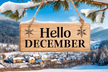 Wooden sign saying hello december hanging on snowy pine branch