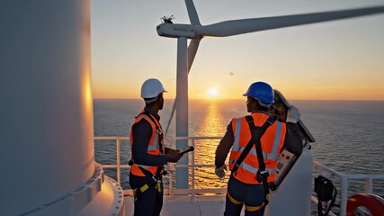 Two skilled engineers wearing hardhats and safety gear are working on a control panel at the top of an offshore wind turbine during a vibrant sunset, ensuring clean renewable energy generation - Powered by Adobe