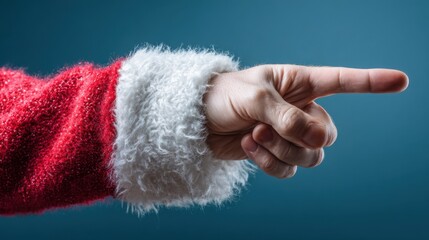 A hand wearing a fluffy white trimmed red Santa suit sleeve points to the right
