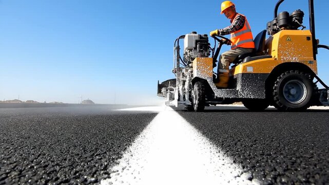 Construction worker operating a road marking machine, applying fresh white lines on newly laid black asphalt pavement under a clear blue sky, signifying infrastructure development