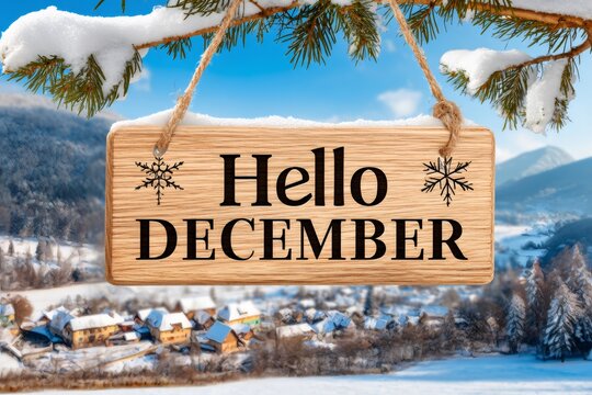 Wooden sign saying hello december hanging on snowy pine branch - Powered by Adobe