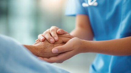 A nurse in blue scrubs gently holds an elderly patient's wrinkled hand showing compassion and care