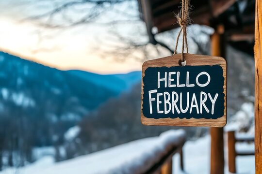 Hello february sign hanging on a snowy mountain lodge