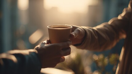Two hands exchange a paper cup filled with coffee in warm diffused sunlight