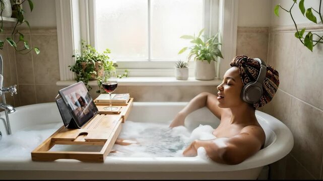 Young woman relaxing in a luxurious bubble bath with headphones on, watching a tablet on a caddy and sipping red wine, enjoying peaceful self-care and pampered downtime