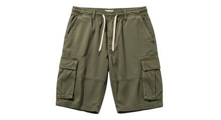 Isolated olive green cargo shorts with drawstring for casual outdoor adventures fashion