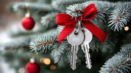 House keys with red ribbon hanging on christmas tree
