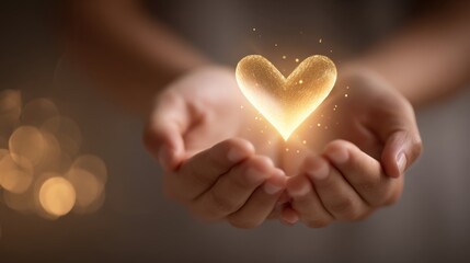 Fototapeta premium Two cupped hands gently holding a glowing golden heart with sparkling light particles