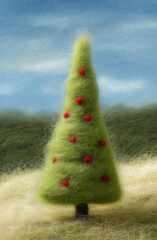 Green felt Christmas tree with red ornaments stands alone in a serene landscape, showcasing a whimsical holiday spirit and inviting festive cheer