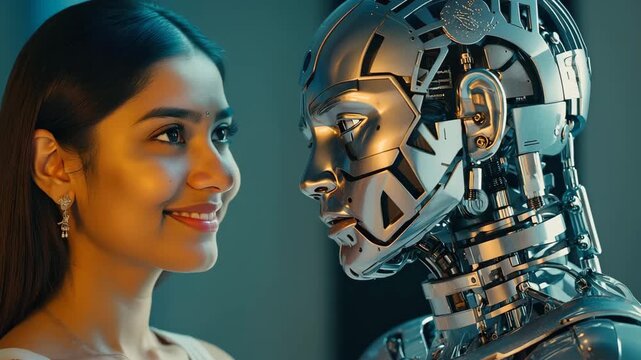 Woman facing humanoid robot with subtle movement and emotional gaze