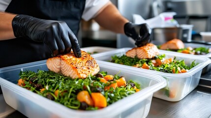 Chef preparing healthy salmon meal prep containers