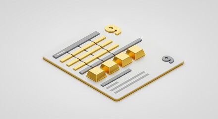 Modern digital illustration of a financial analysis dashboard featuring gold bars and data graphs
