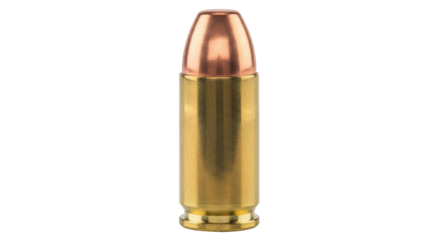 Isolated 45 caliber auto cartridge ammo with copper jacket, a single object on bright surface
