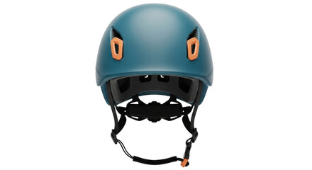 Isolated teal-color helmet with orange details for climbers or cyclists, protective gear