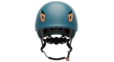 Isolated teal-color helmet with orange details for climbers or cyclists, protective gear