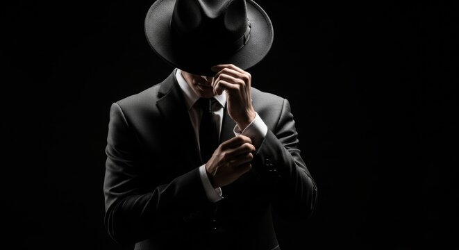 Mysterious man in fedora hat and suit with dramatic lighting