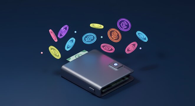 Modern digital wallet with floating coins and cash, symbolizing online transactions and finance