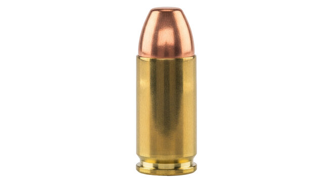 Isolated 45 caliber auto cartridge ammo with copper jacket, a single object on bright surface