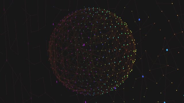 A graphic showcasing a spherical network composed of interconnected dots and lines arranged in a circular pattern, illustrating a structured and interconnected system visually