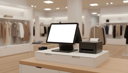 A modern point-of-sale system with a blank screen on a wooden counter in a stylish clothing boutique.