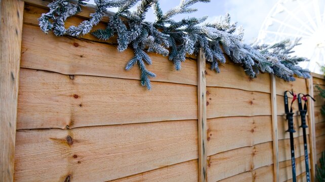 two modern ski poles with red straps hanging vertically on a light wooden plank wall