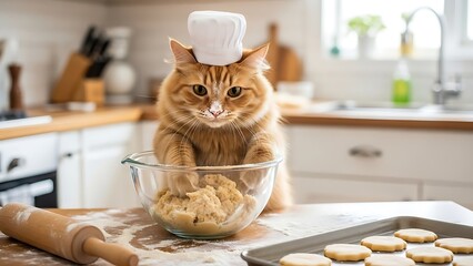 “Domestic cat wearing a chef hat sitting beside a bowl of pasta, playful kitchen concept, warm soft lighting, humorous professional pet portrait