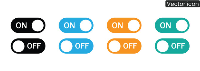 Sleek on/off toggle buttons in multiple colors provide a modern UI element for app or web design. Clear visual cues for activation and deactivation are included.