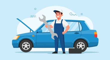 Cheerful male auto mechanic in overalls and a cap stands proudly with a large wrench in front of a car with its hood open.