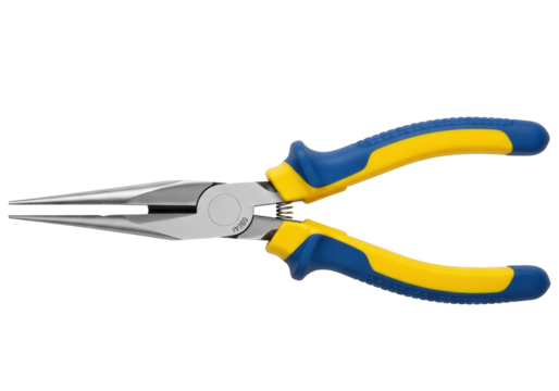Isolated needle-nose pliers with yellow-blue handles for cutting wires or electronics repair
